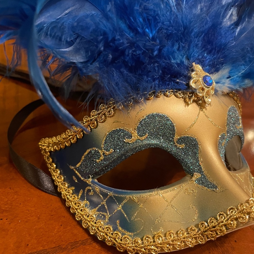 Venetian masquerade mask. Blue and gold, with feathers. Gorgeous!